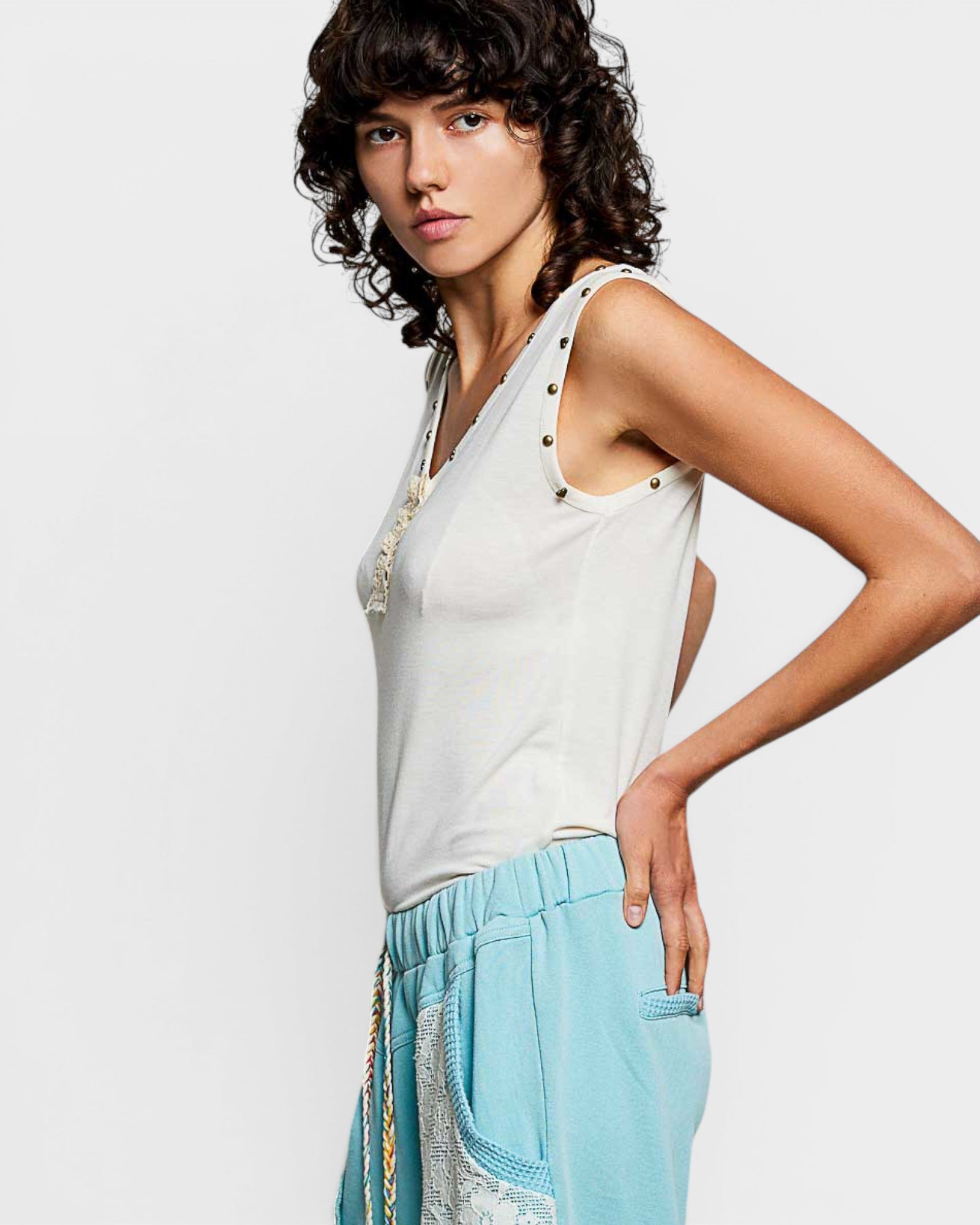 Cream Studded Henley Tank Top