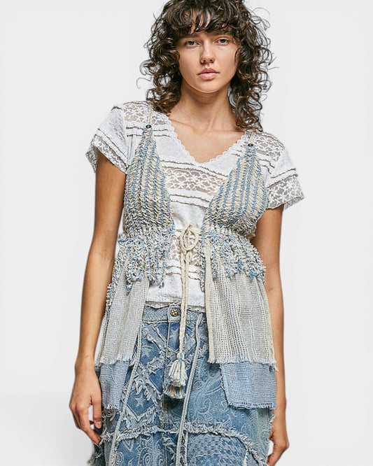 Cream & Blue Frayed Crochet Tie Vest Top