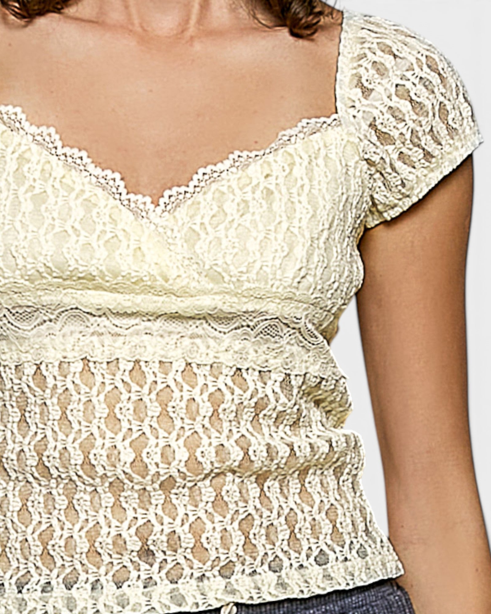 Close-up of a lace top with a plain background