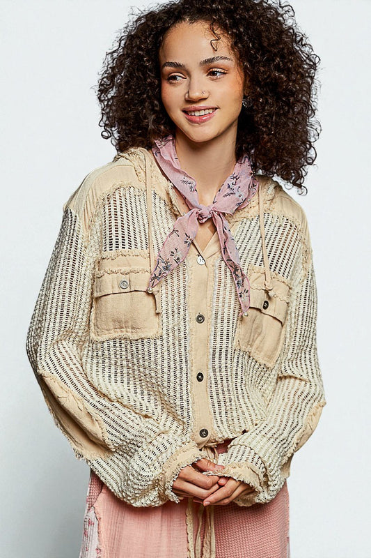 Oat Cream Frayed Mesh Hoodie
