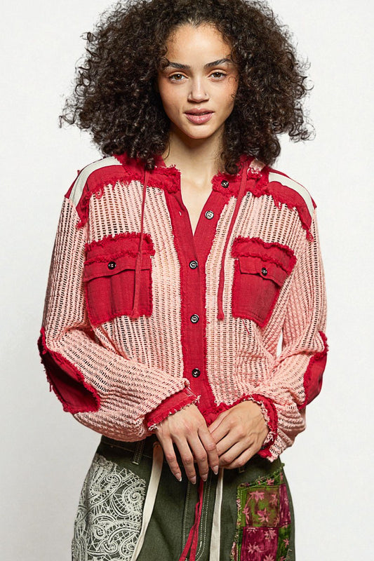 Crimson & Blush Frayed Mesh Hoodie