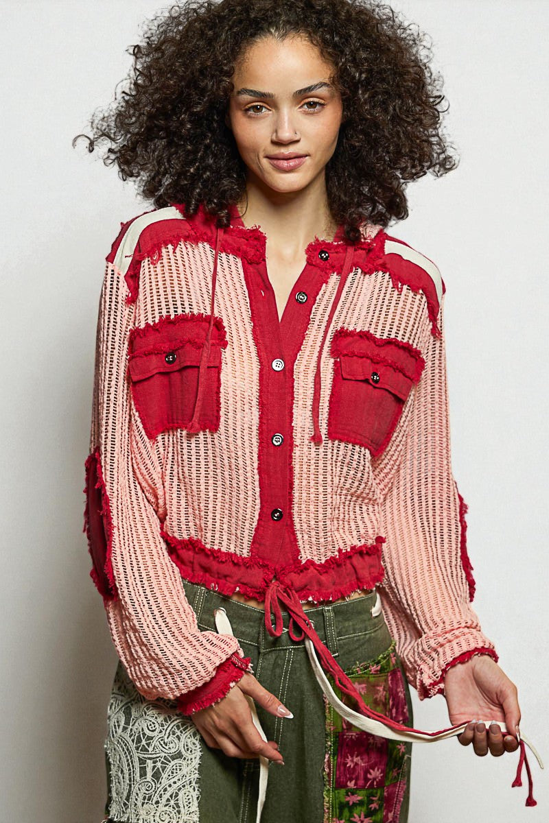 Crimson & Blush Frayed Mesh Hoodie