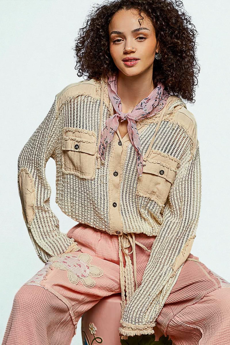 Oat Cream Frayed Mesh Hoodie