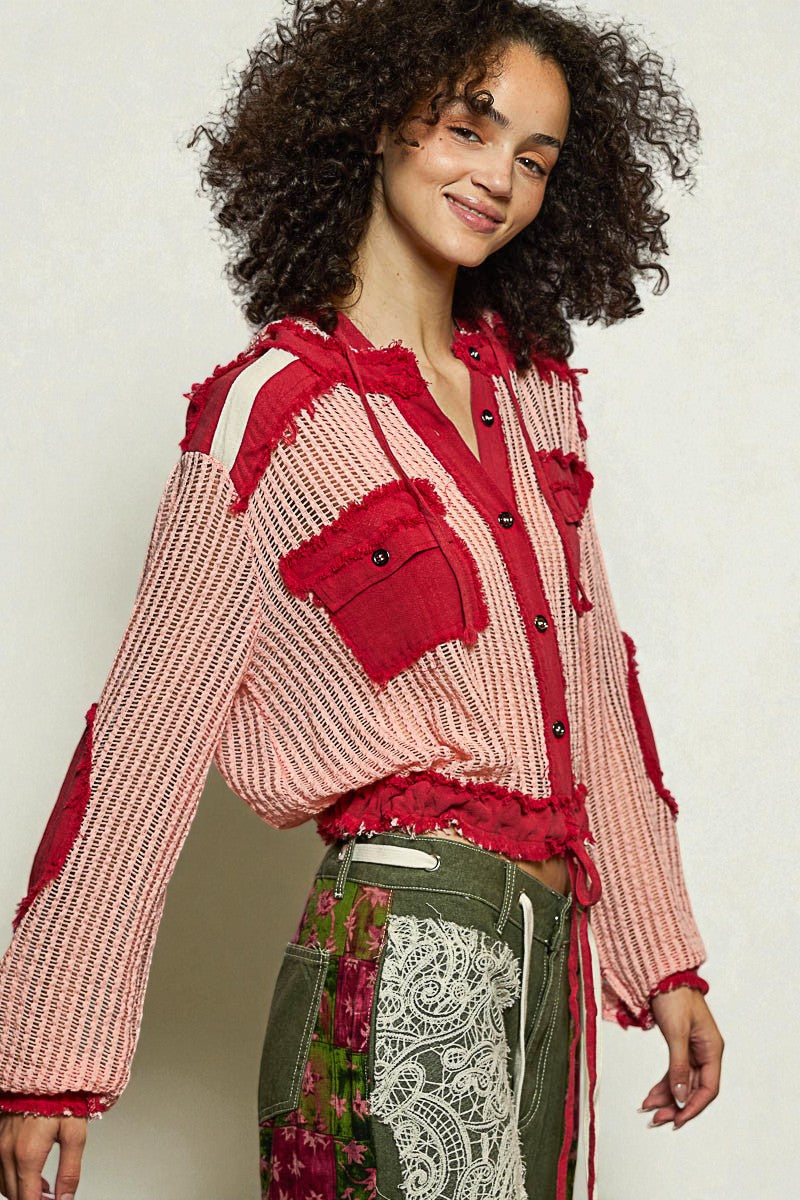 Crimson & Blush Frayed Mesh Hoodie