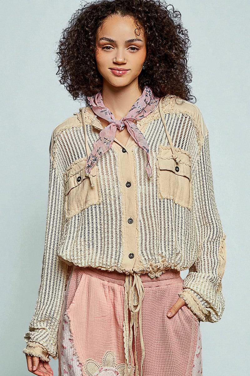 Oat Cream Frayed Mesh Hoodie