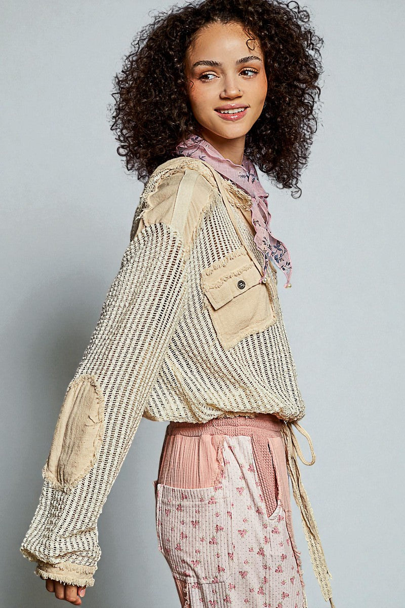 Oat Cream Frayed Mesh Hoodie