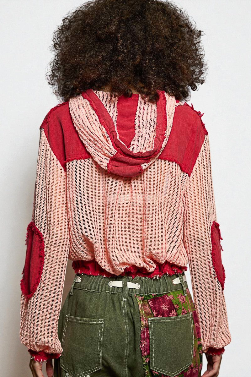 Crimson & Blush Frayed Mesh Hoodie