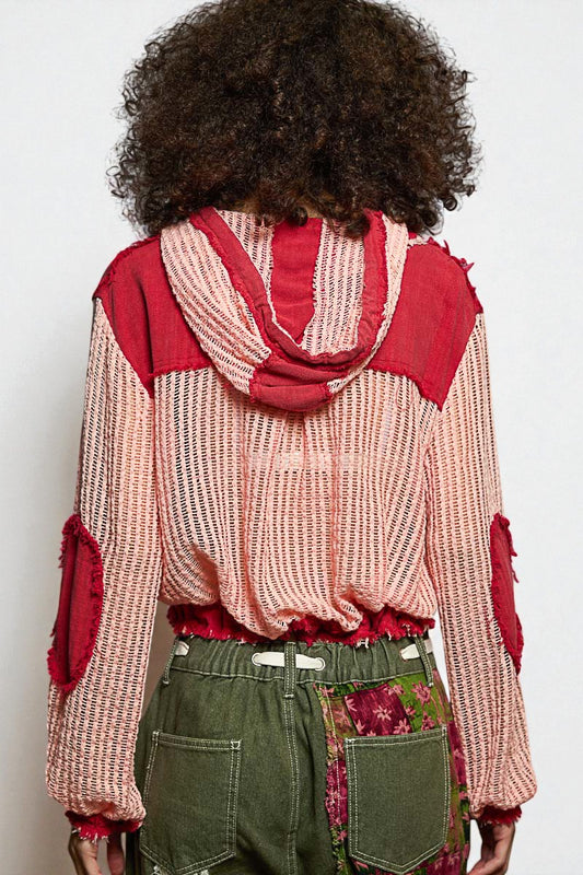 Crimson & Blush Frayed Mesh Hoodie