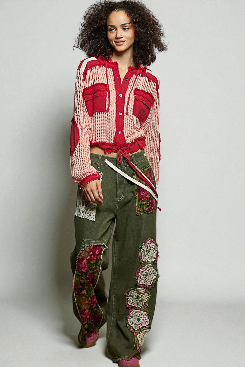 Crimson & Blush Frayed Mesh Hoodie