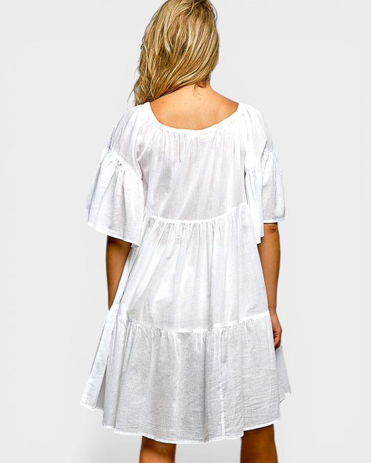 White & Blue Tassel Embroidered Mini Dress