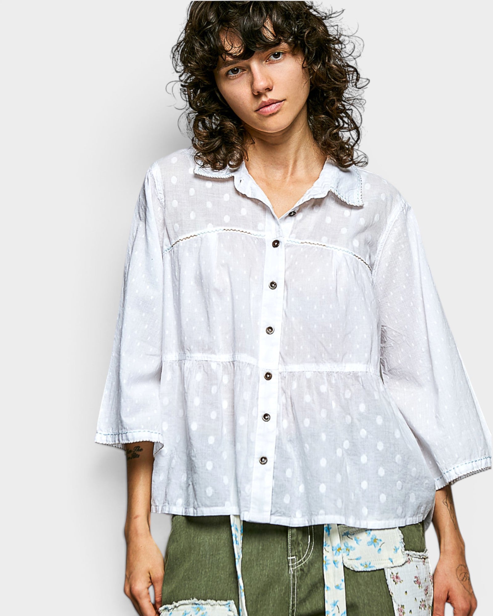 Off White Polka Dot Cotton Peplum Top