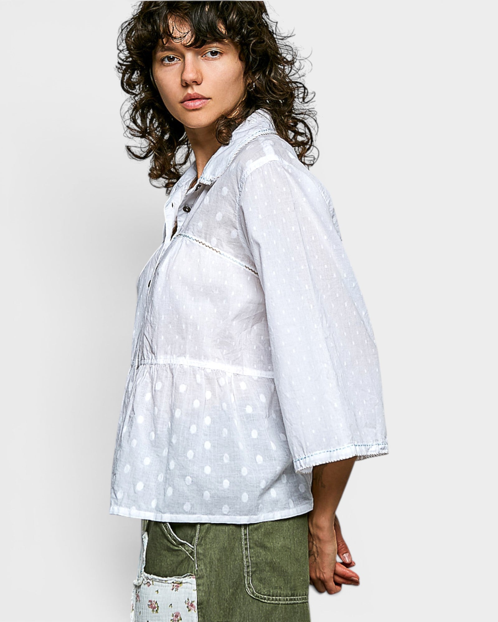 Off White Polka Dot Cotton Peplum Top