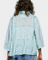 Light blue polka dot blouse worn by a person on a white background