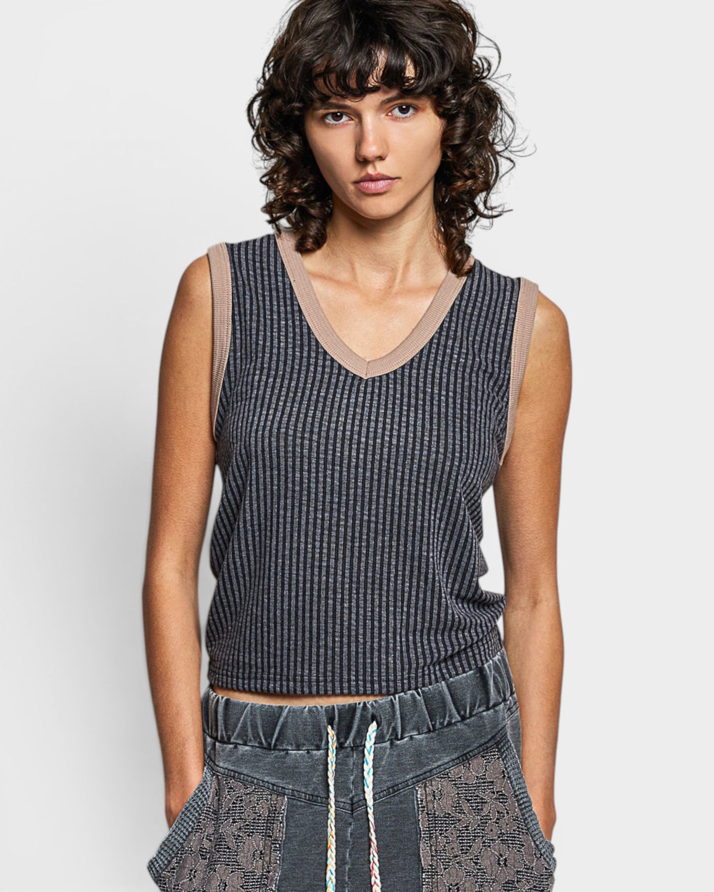 Charcoal Ribbed Contrast Trim Tank Top