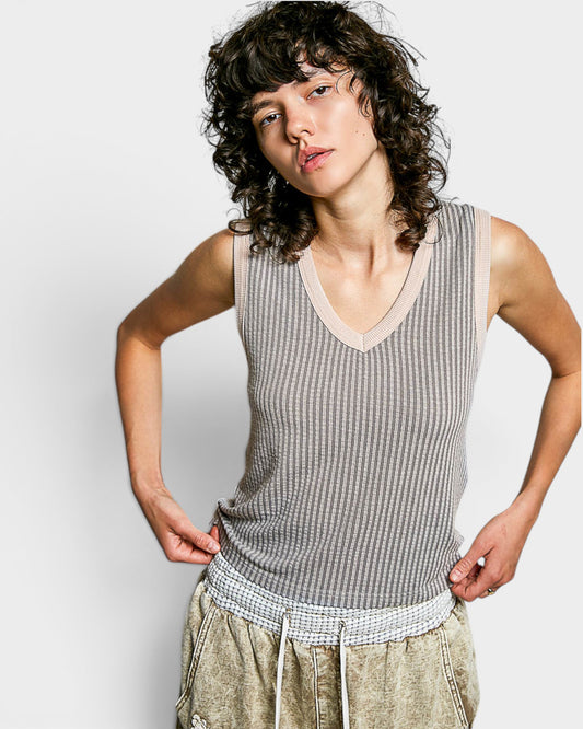 Heather Gray Ribbed Contrast Trim Tank Top