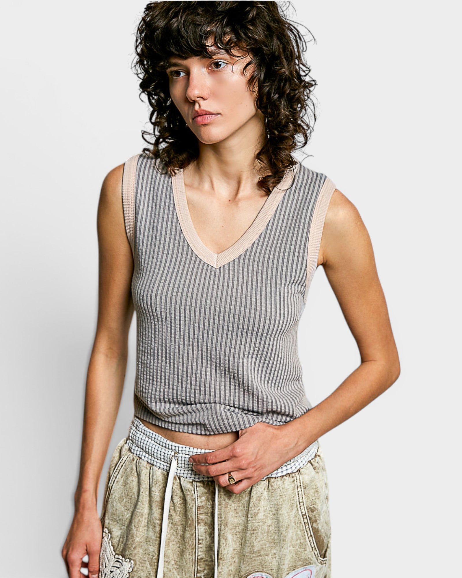 Heather Gray Ribbed Contrast Trim Tank Top
