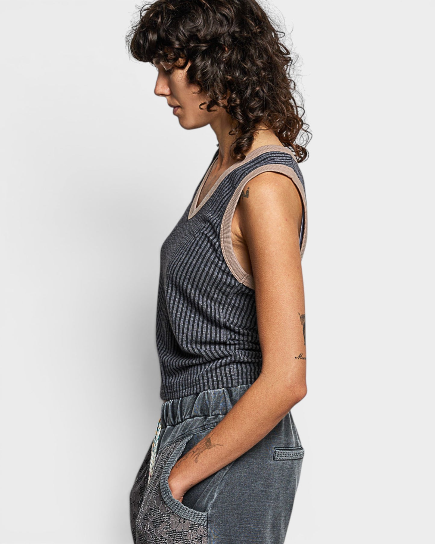 Charcoal Ribbed Contrast Trim Tank Top