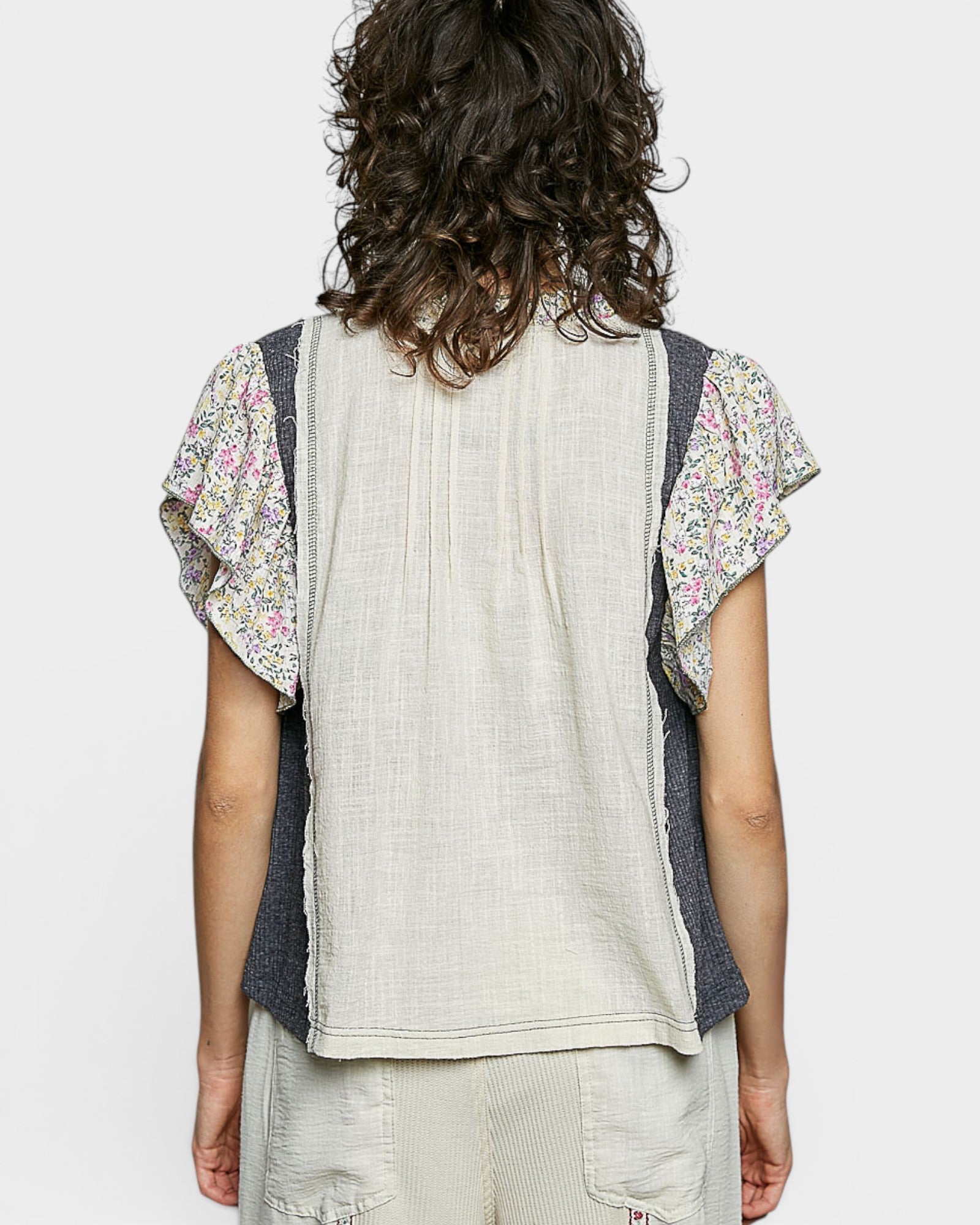 Oatmeal Floral Ruffle Sleeve Blouse