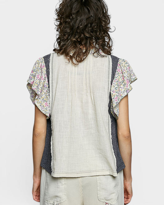 Oatmeal Floral Ruffle Sleeve Blouse