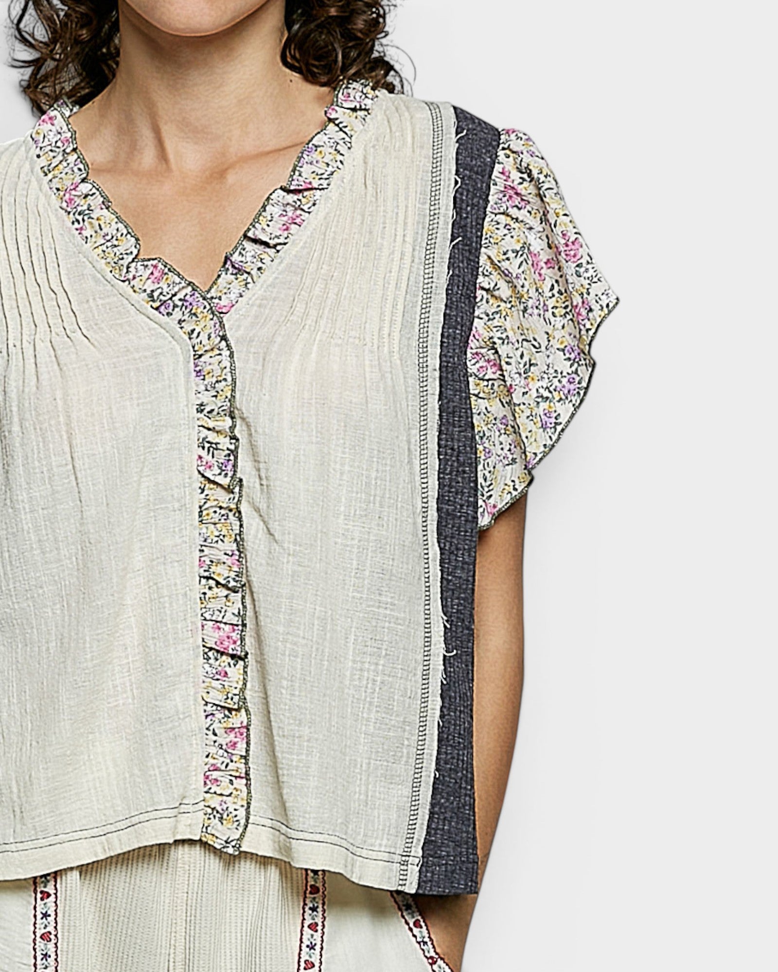 Oatmeal Floral Ruffle Sleeve Blouse