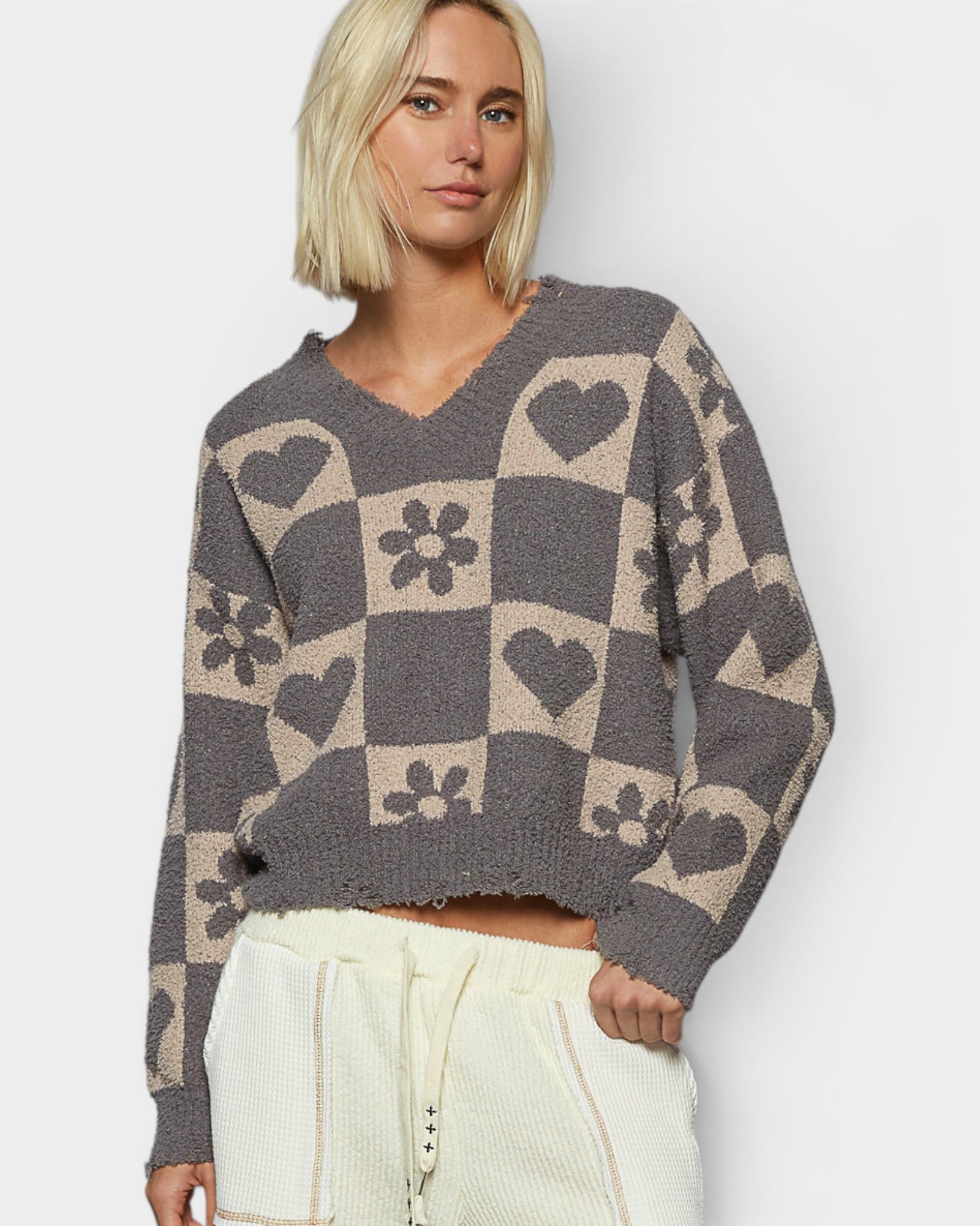 Charcoal Checkered Heart Sweater