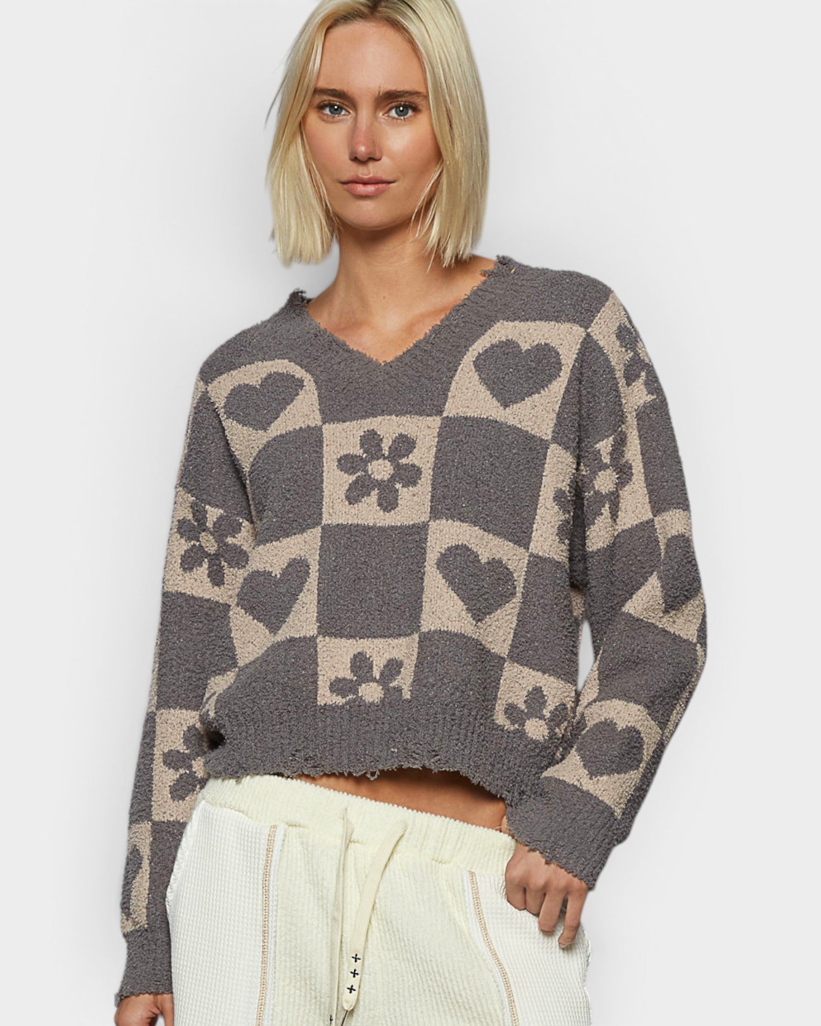 Charcoal Checkered Heart Sweater