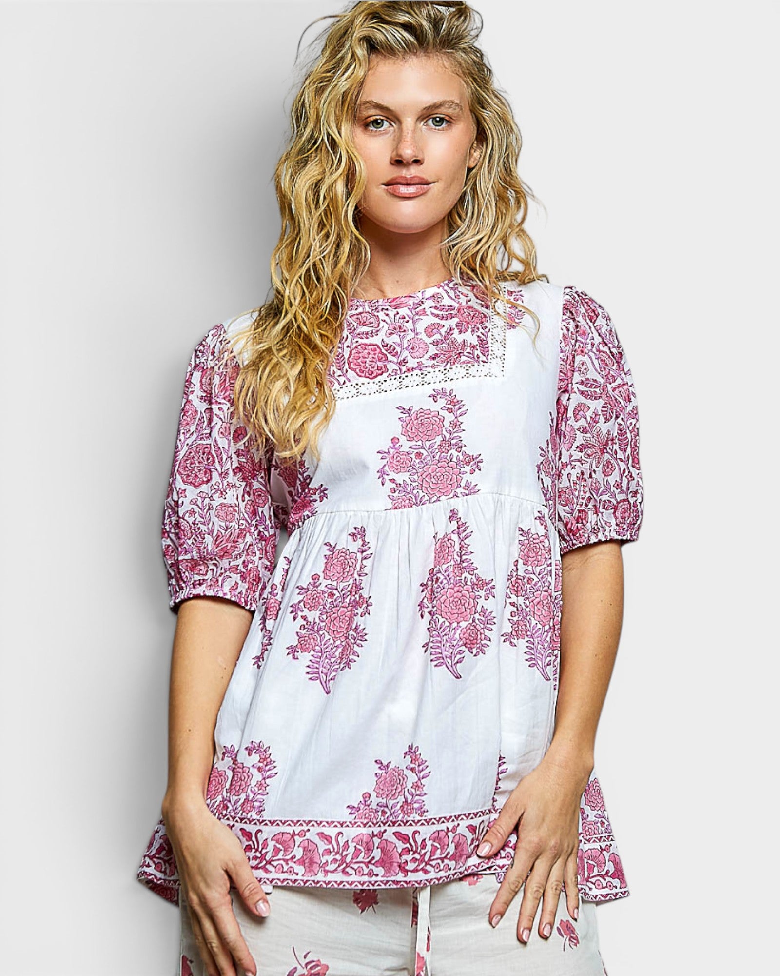 Ivory & Pink Floral Cotton Babydoll Top