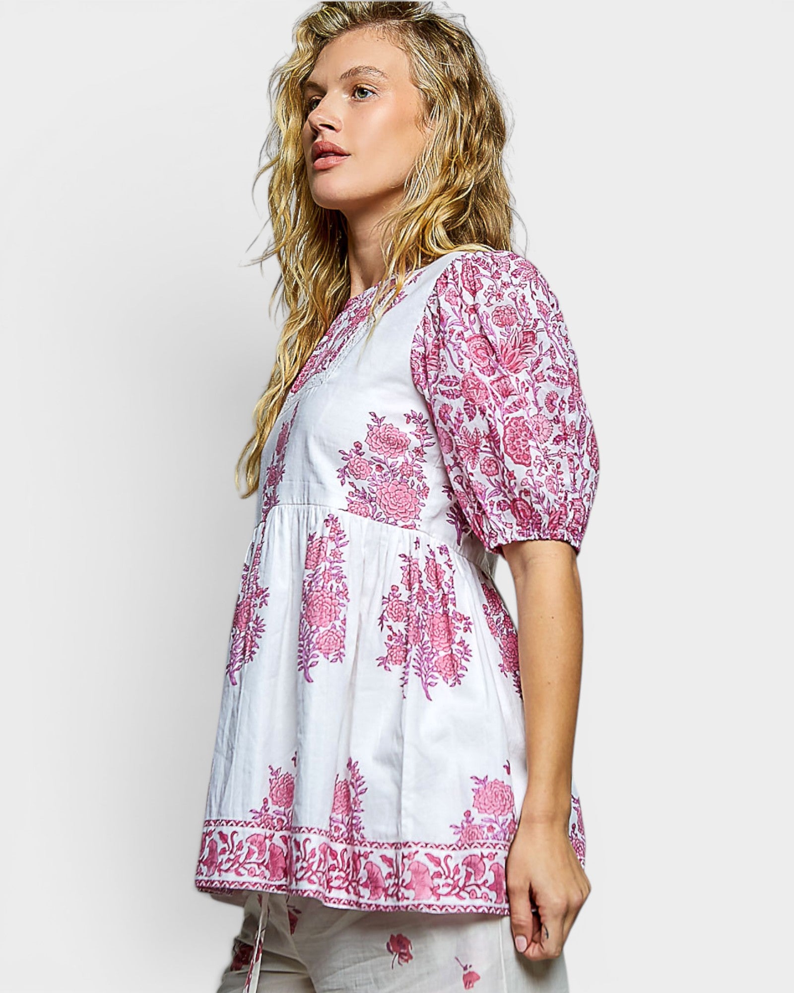 Ivory & Pink Floral Cotton Babydoll Top