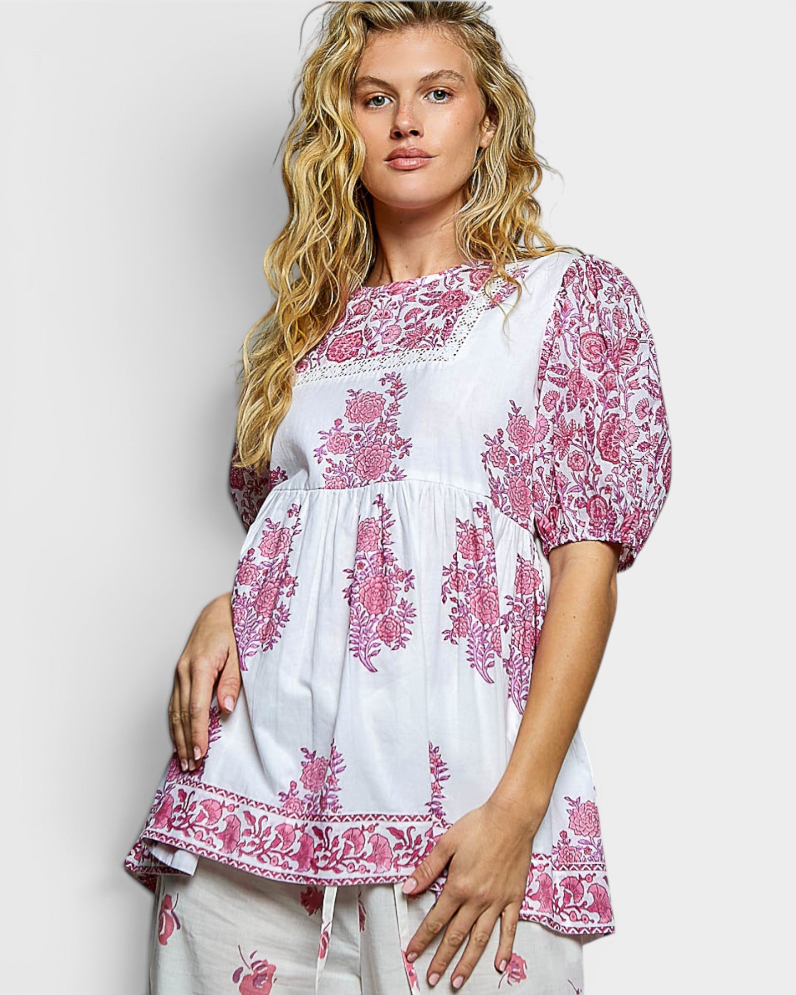 Ivory & Pink Floral Cotton Babydoll Top