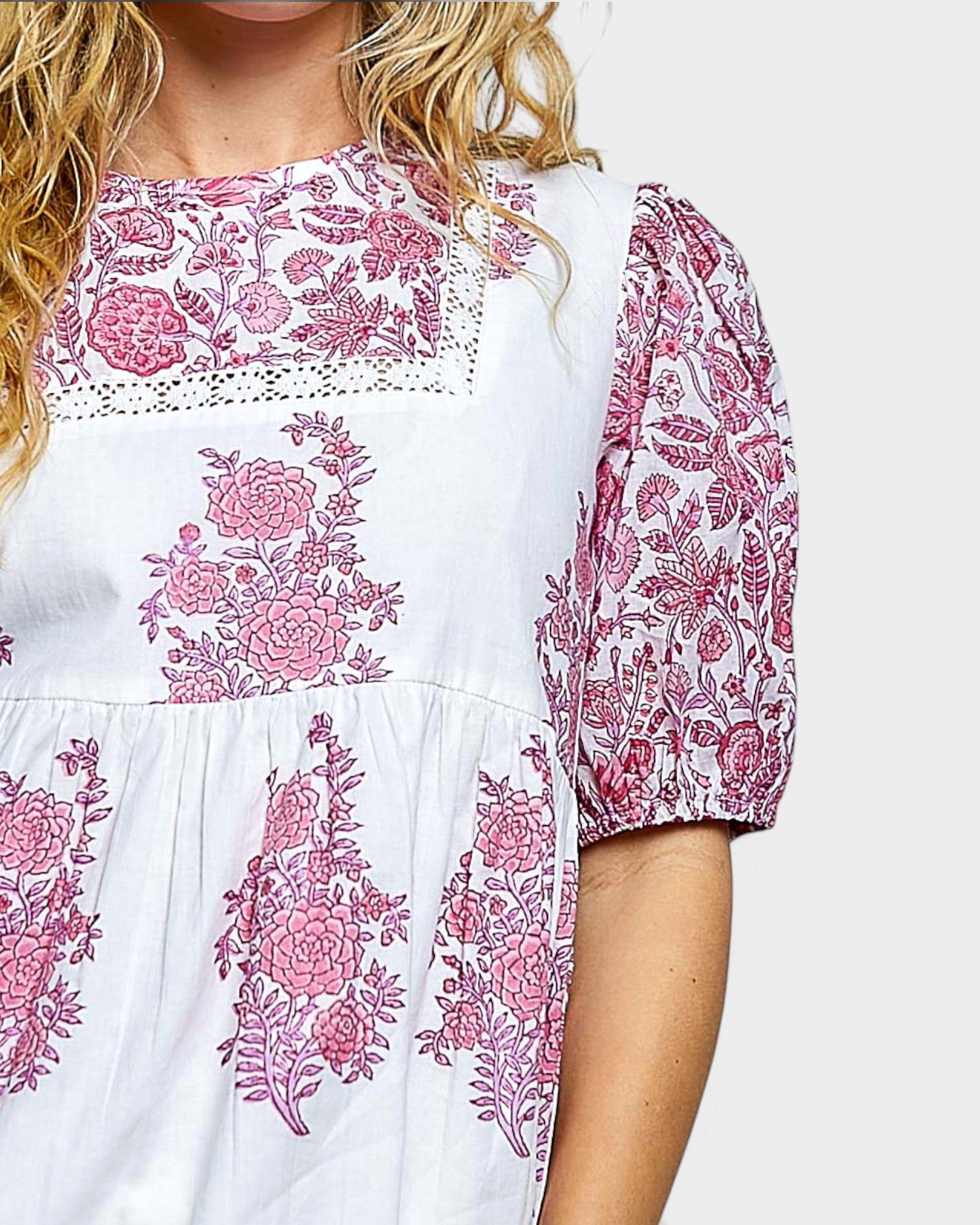 Ivory & Pink Floral Cotton Babydoll Top
