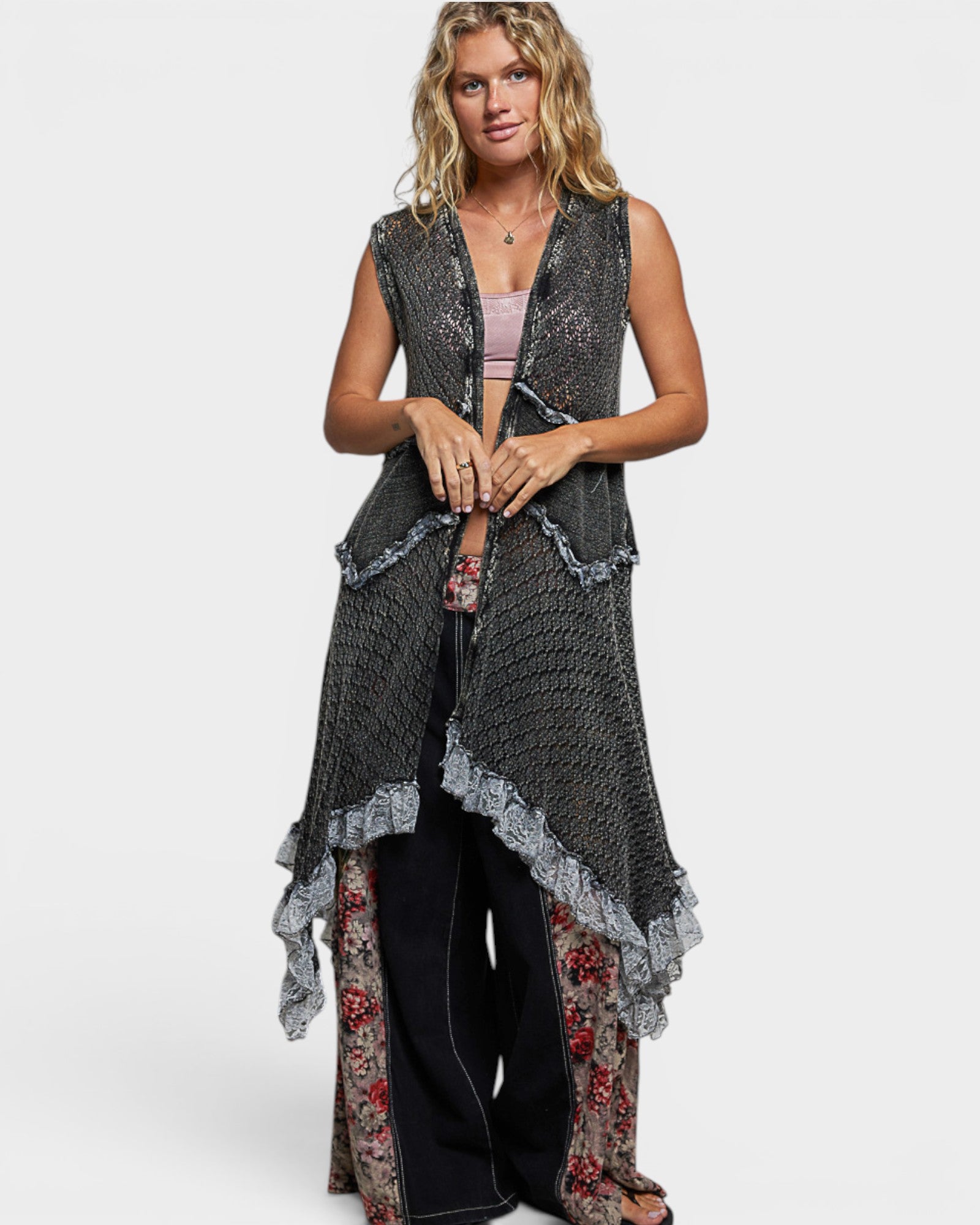 Black Open Front Crochet Vest
