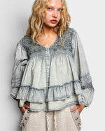 Woman wearing a layered blouse with ruffled details on a plain background