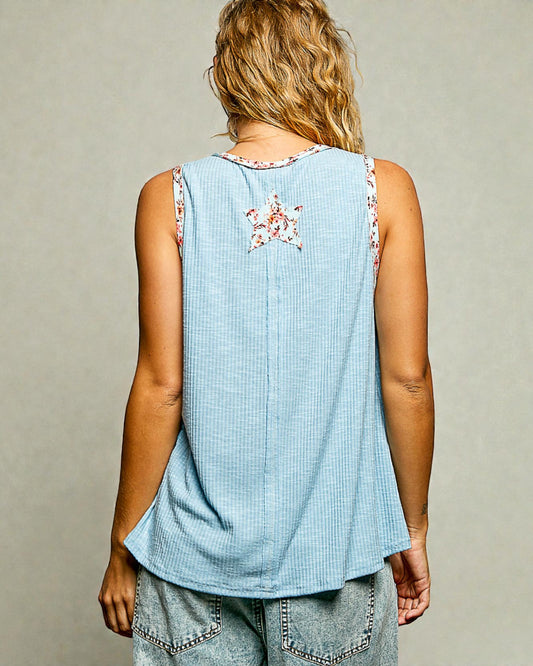 Sky Blue Star Patchwork Ribbed Tank Top