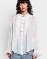 Woman wearing a white blouse with ruffled details on a plain background