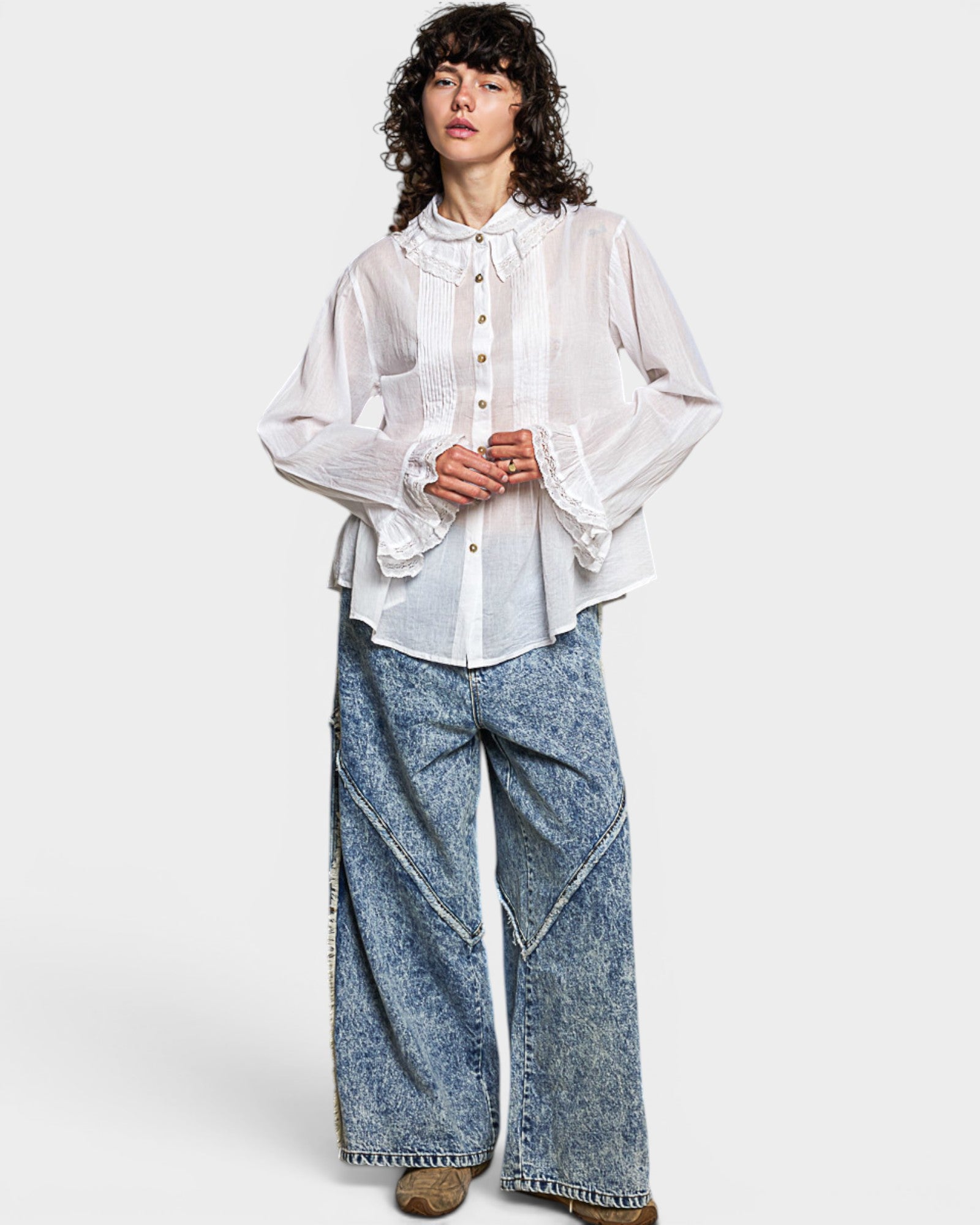 Ivory Lace Collar Pintuck Button-Down Blouse