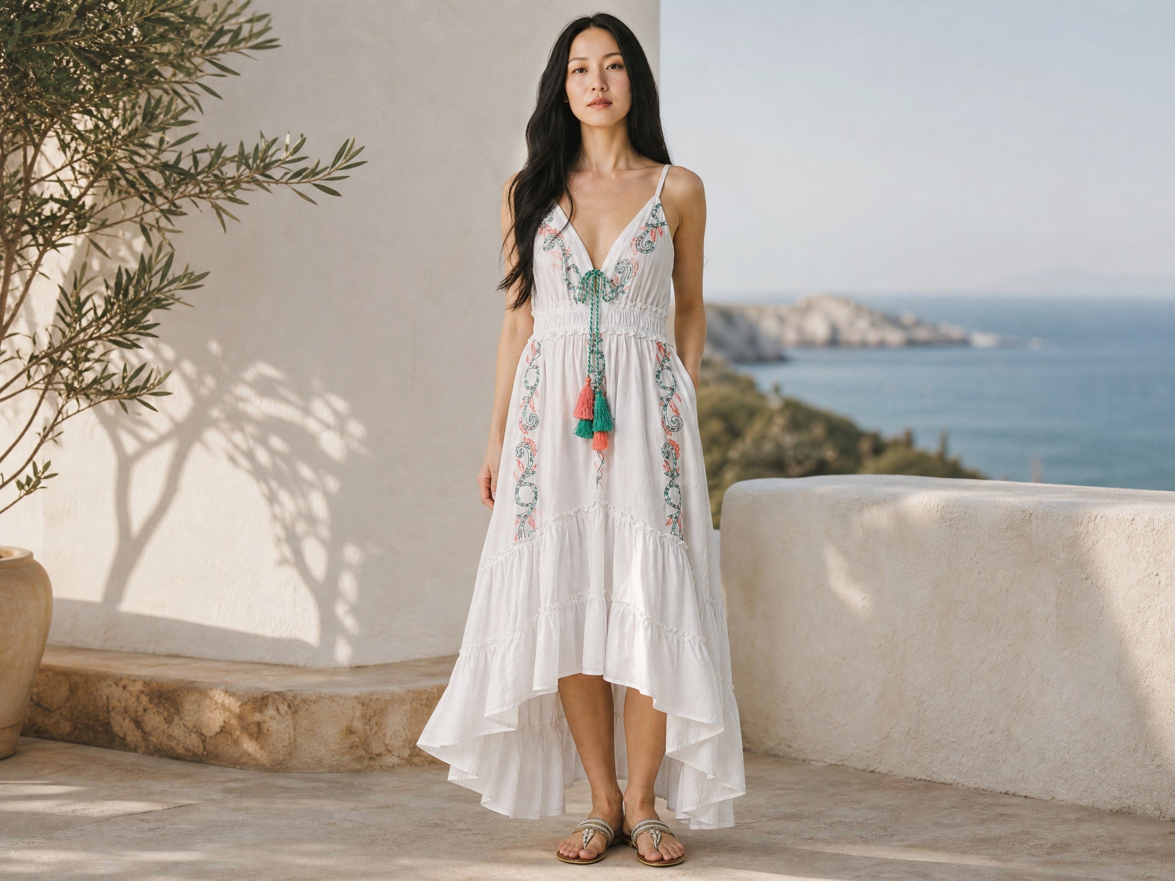 Woman in a white dress standing by a scenic coastal view