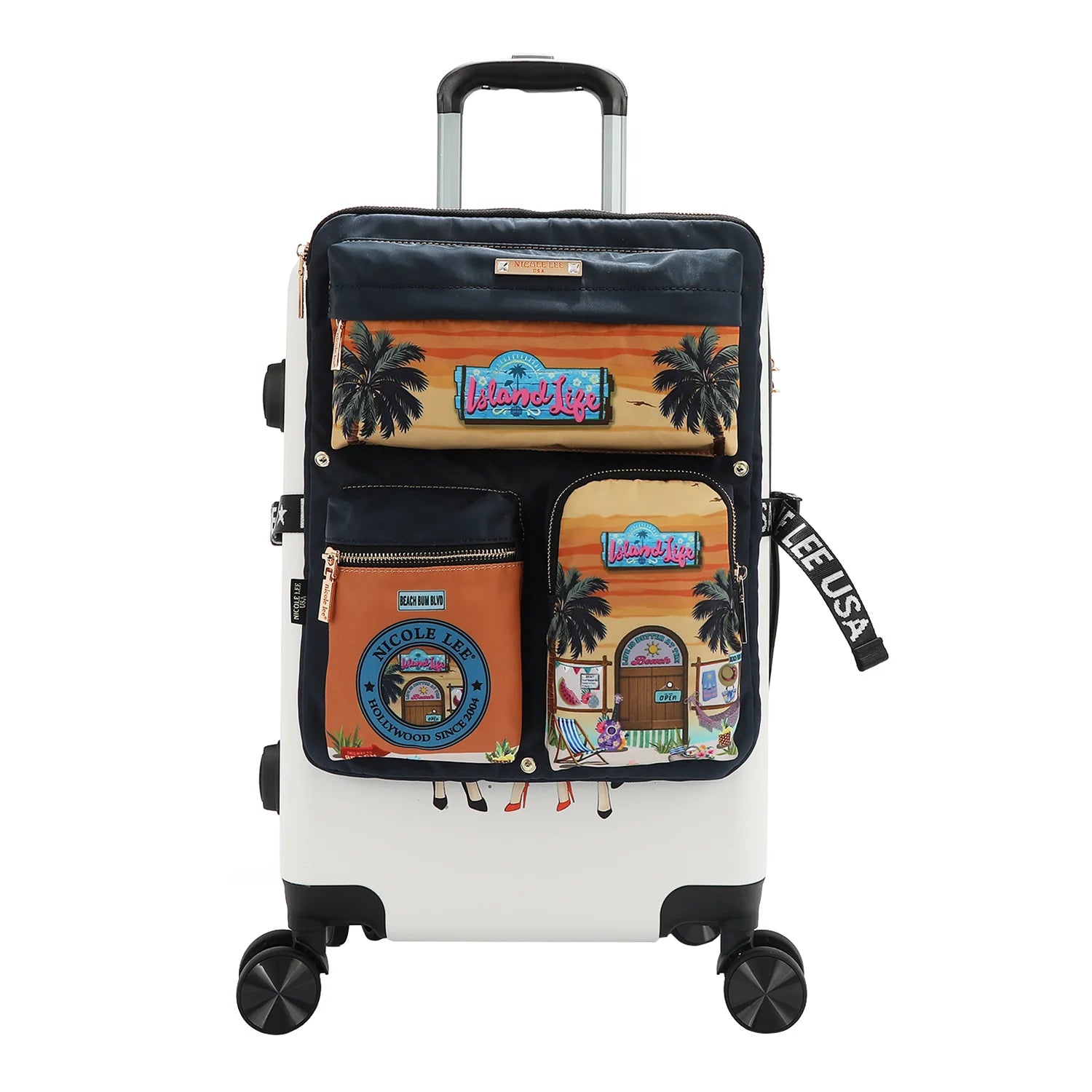 Colorful suitcase with multiple compartments and designs on a white background