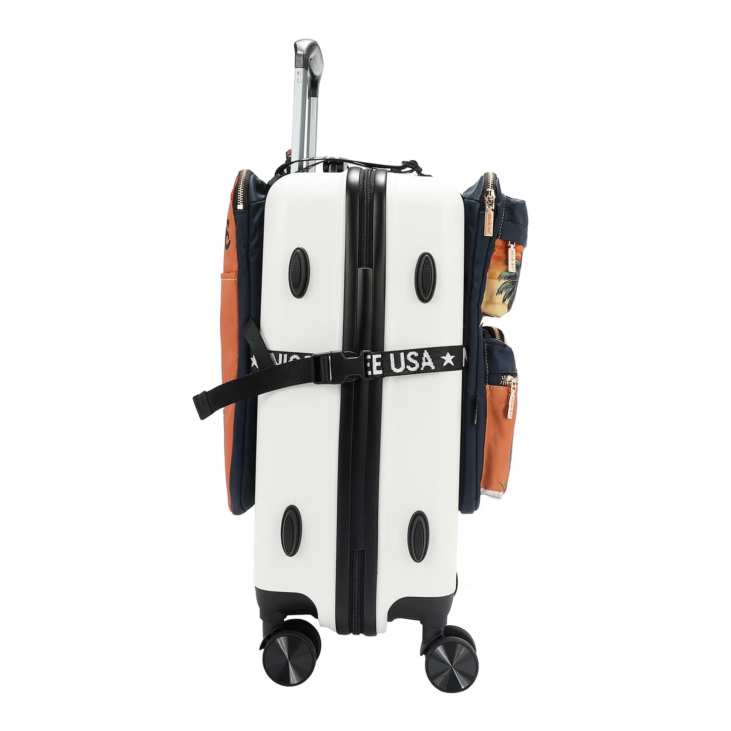 White suitcase with a black strap and colorful accents on a white background