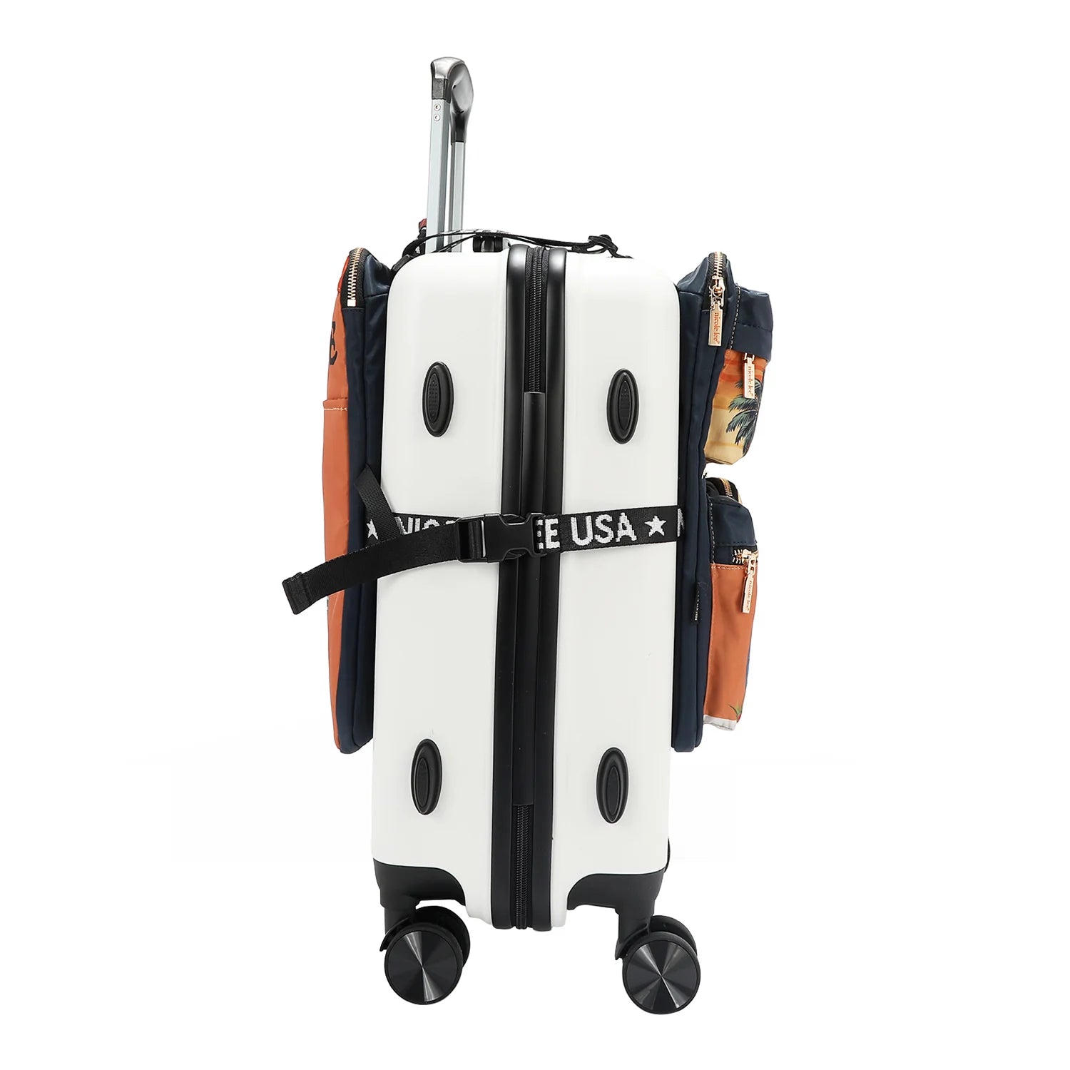 White suitcase with a black strap and colorful accents on a white background