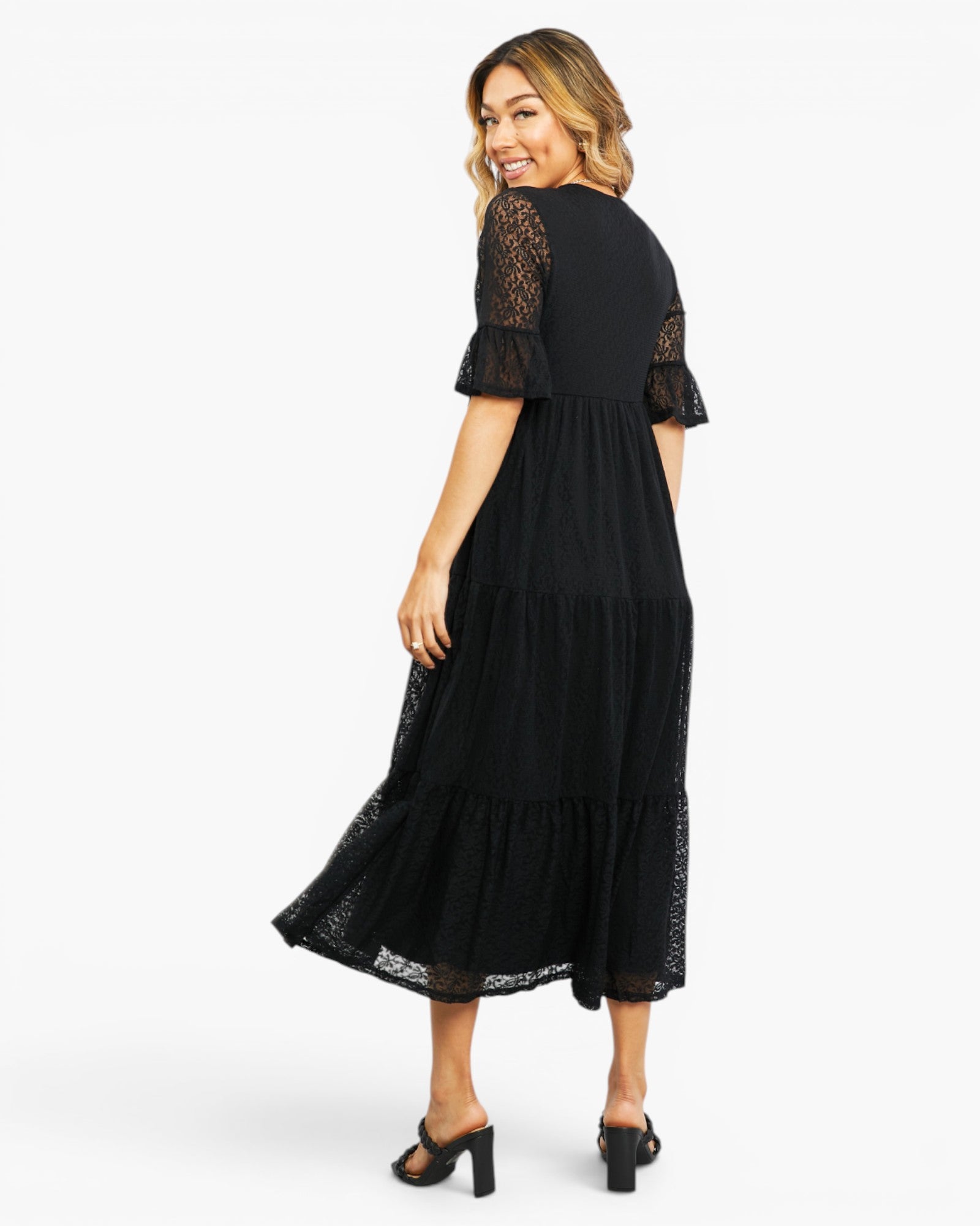 P & ROSE Black Lace Sleeve Midi Dress Black Lace / S