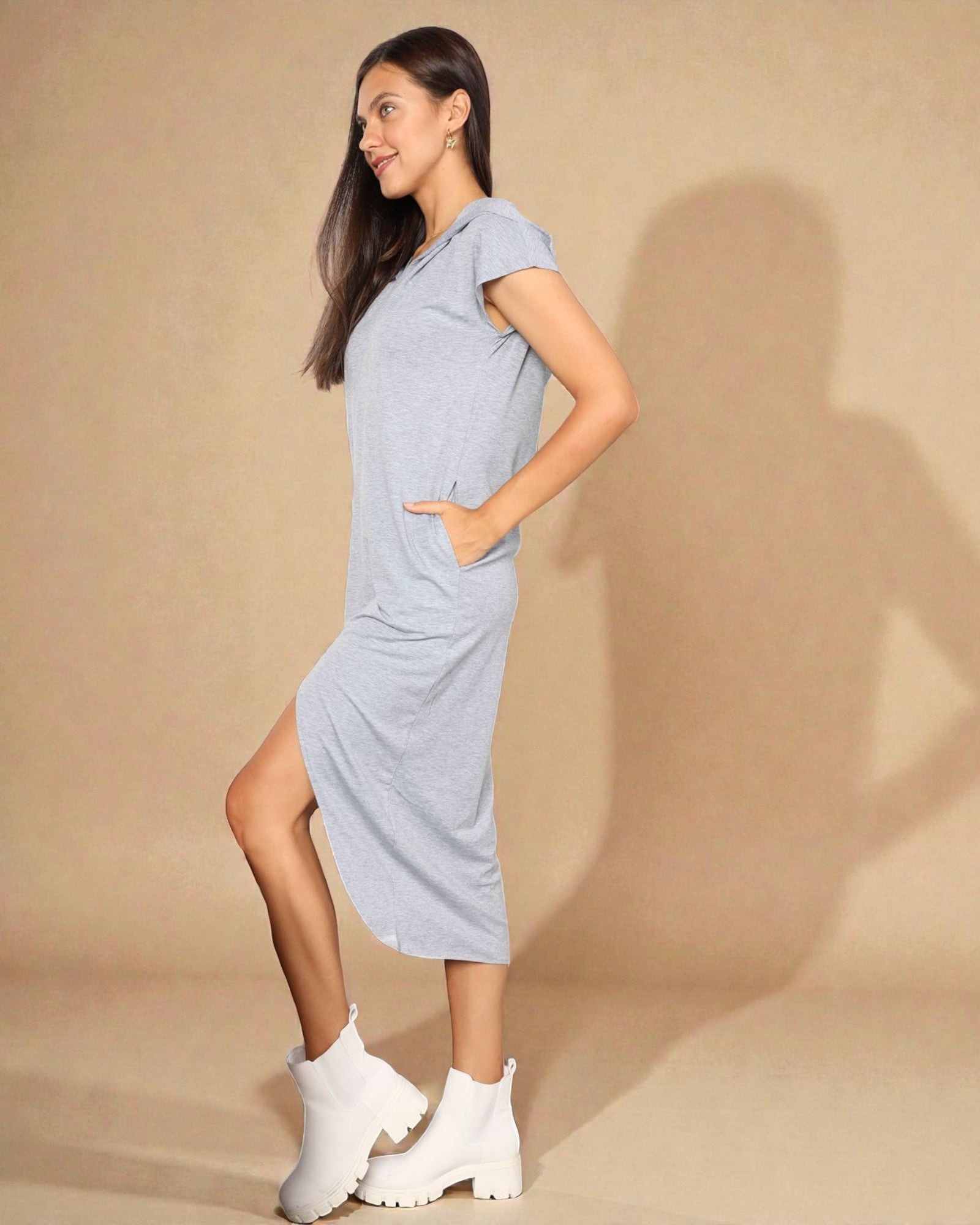 Heather Gray Hooded Short Sleeve Midi Dress