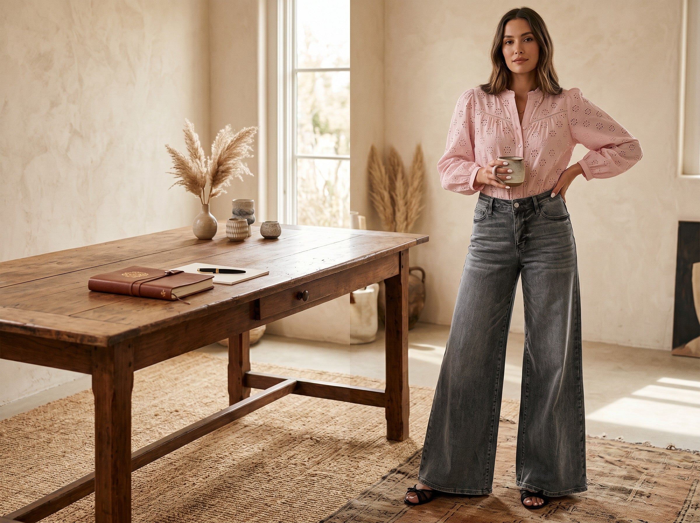 Woman in a pink blouse and gray jeans standing in a room with a wooden table and decorative items.