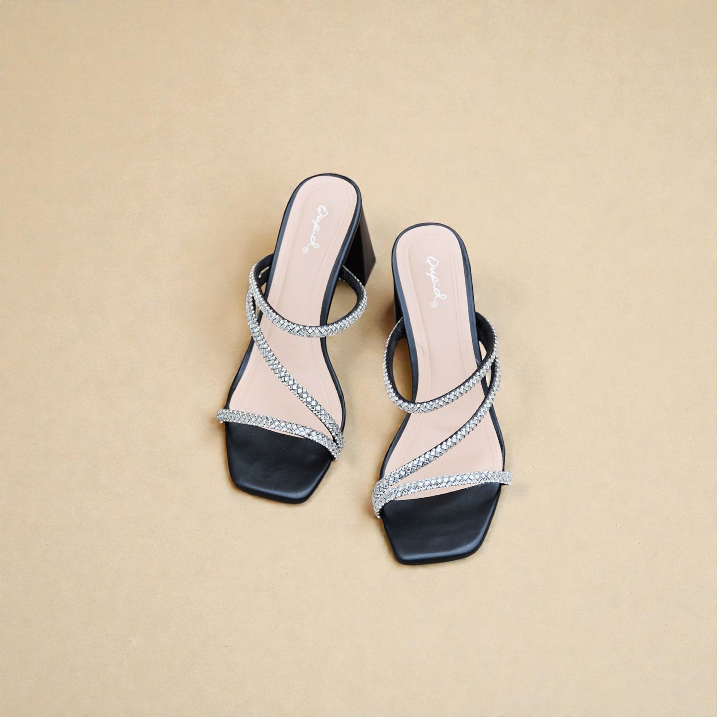 Black Rhinestone Strap Block Heel Sandals