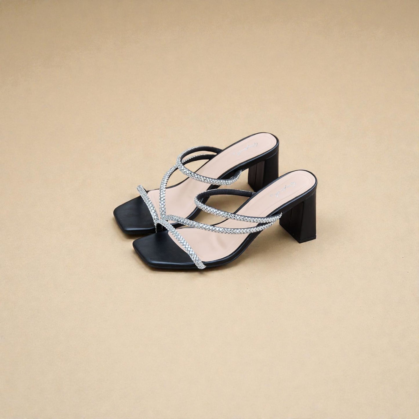Black Rhinestone Strap Block Heel Sandals