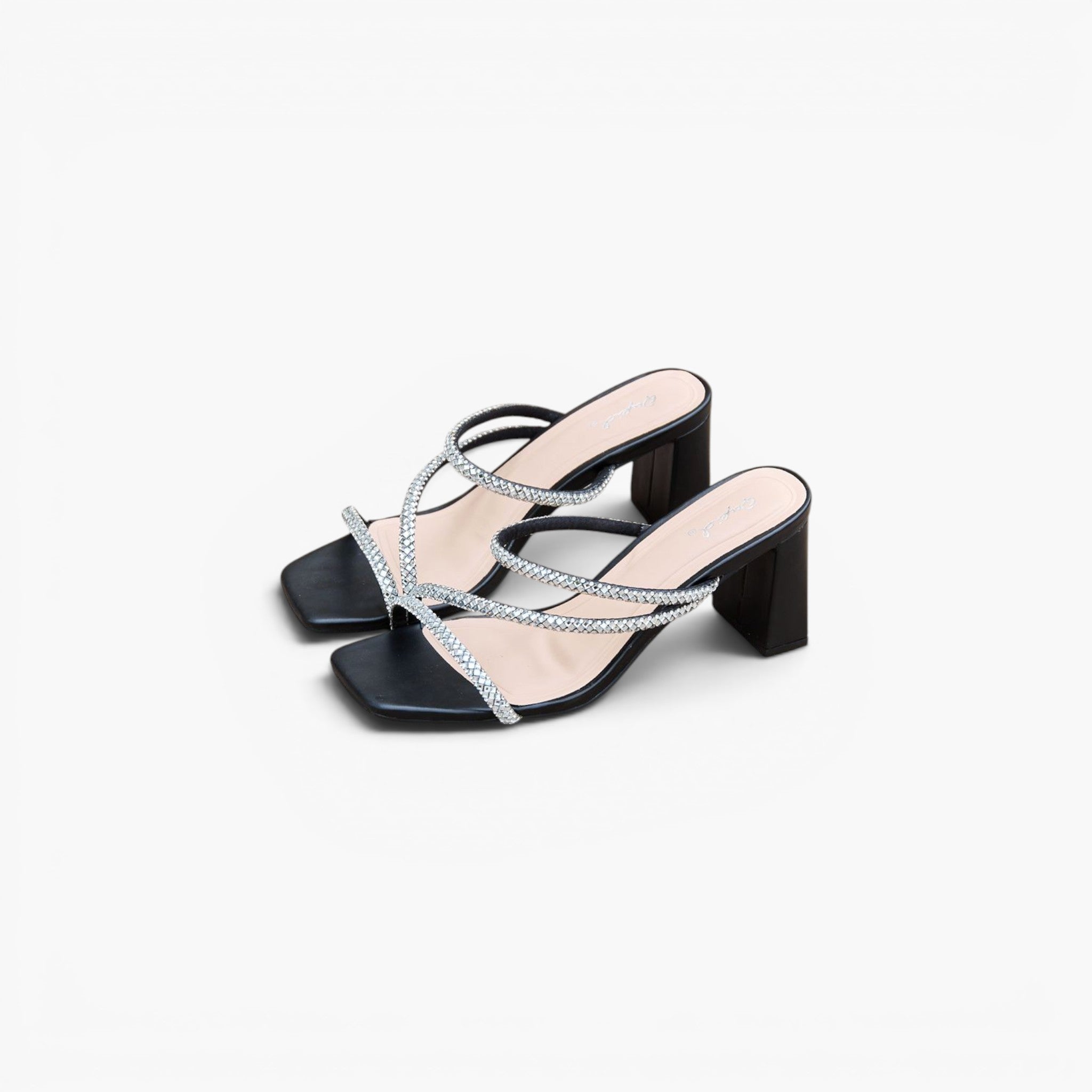 A pair of women's black mule sandals with square toes, featuring criss-crossing straps embellished with silver rhinestones and a chunky black block heel, shown on a light gray background.