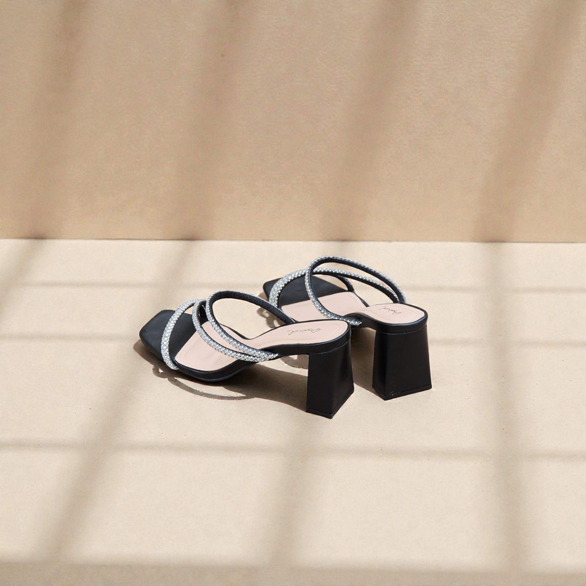 Black Rhinestone Strap Block Heel Sandals