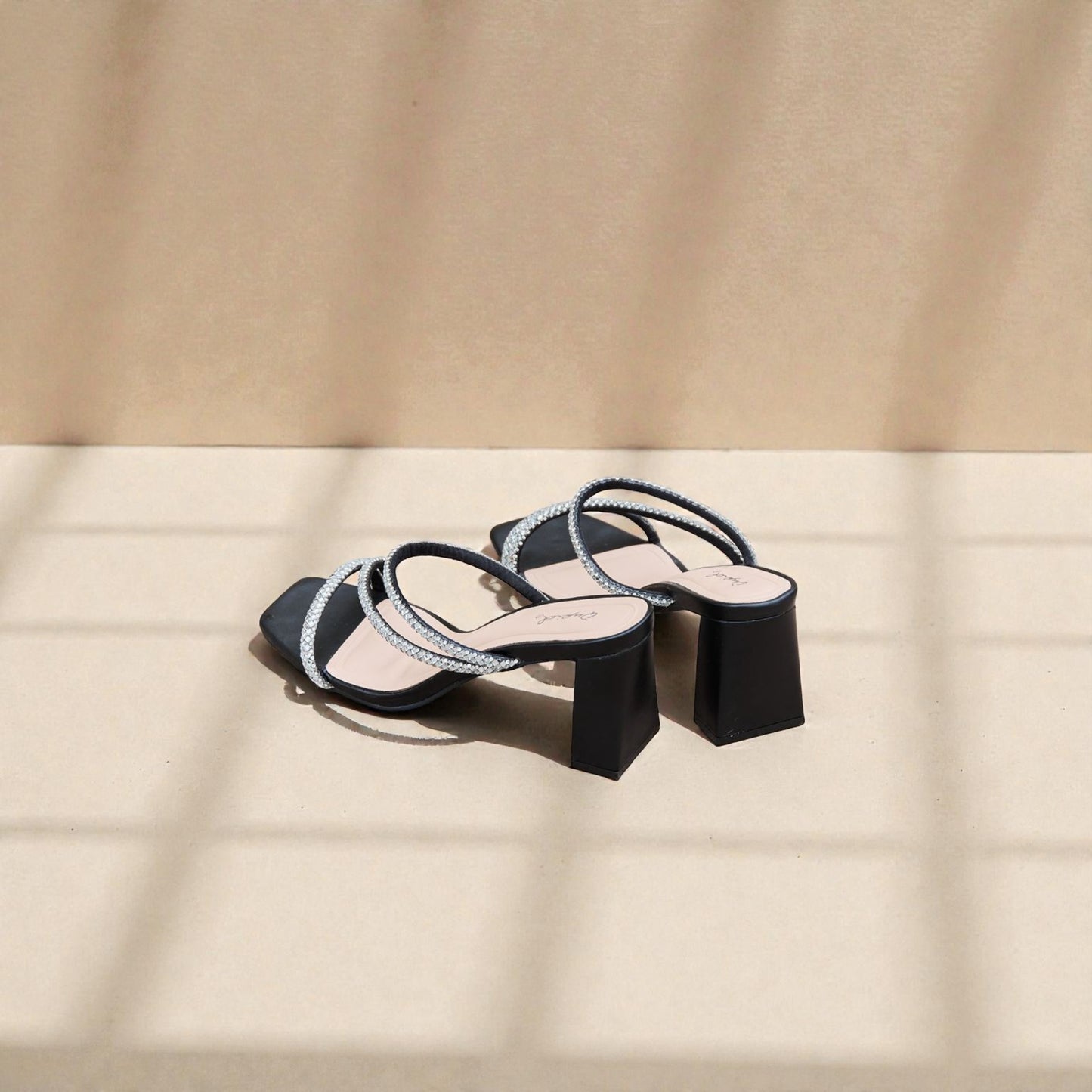 Black Rhinestone Strap Block Heel Sandals