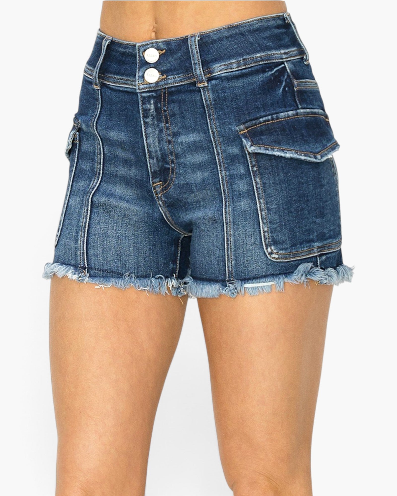 Dark Wash High-Rise Denim Cargo Shorts