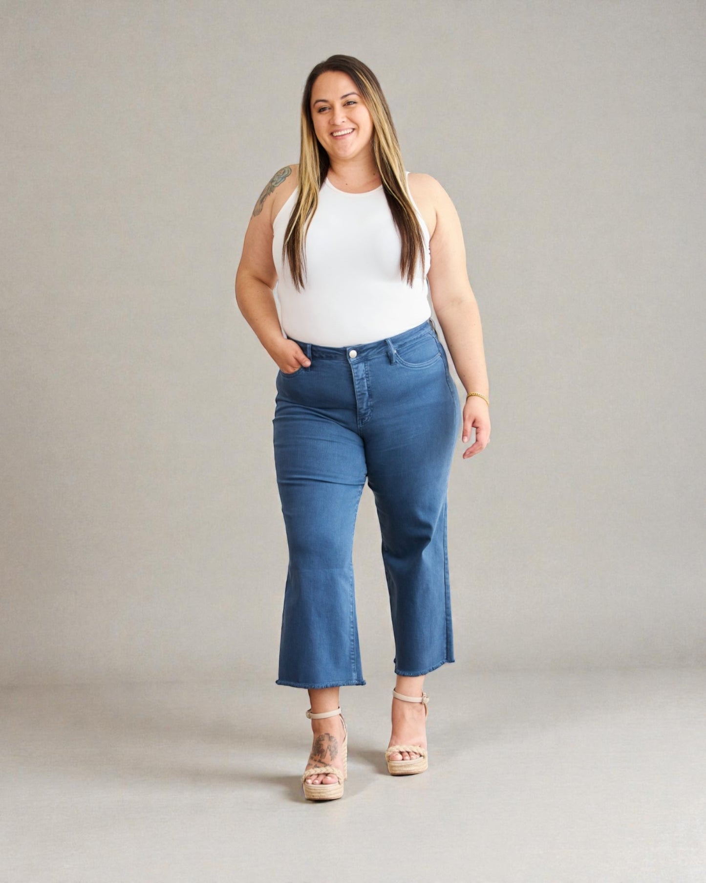 Mid Wash Cropped Wide Leg Jeans