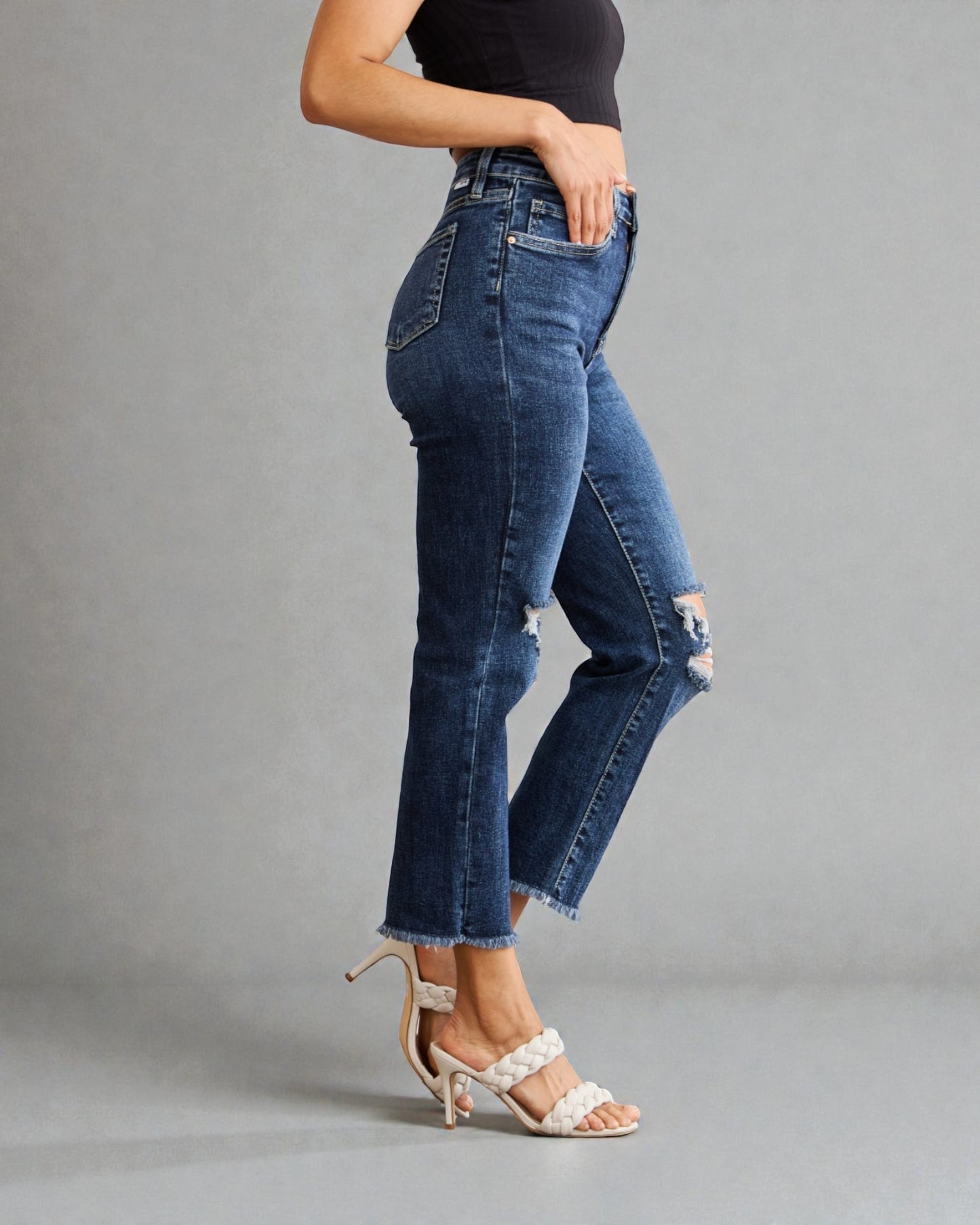 Dark Wash Distressed Straight Jeans